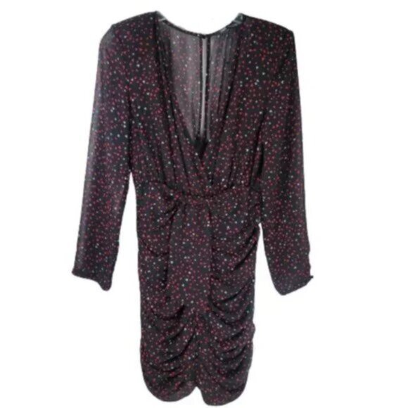 Zara Heart Print Mini Dress Ruched Long Sleeve V-Neck Party Dress - Picture 2 of 13